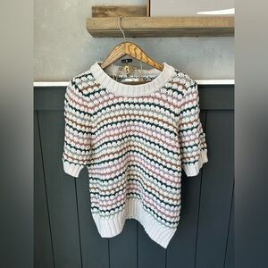 Maurices White, Pink & Green Striped Short-Sleeve Crewneck Sweater